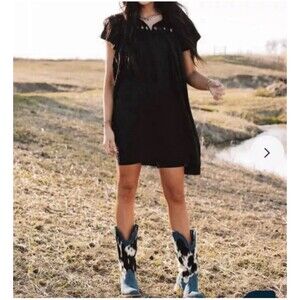 Dear John Black Osiris Dress Size Xs Ruffle Sleeve Concert Relaxed Fit